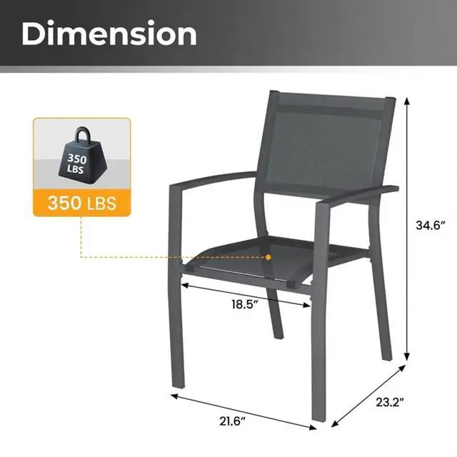 Alt view image 3 of 7 - Heavy Duty Metal Patio Dining Chairs w/Breathable Textilene Mesh Fabric for Garden, Modern Grey Outdoor Accent Armchairs w/Powder Coated Iron Frame for Porch, Deck, Backyard, Set of 6