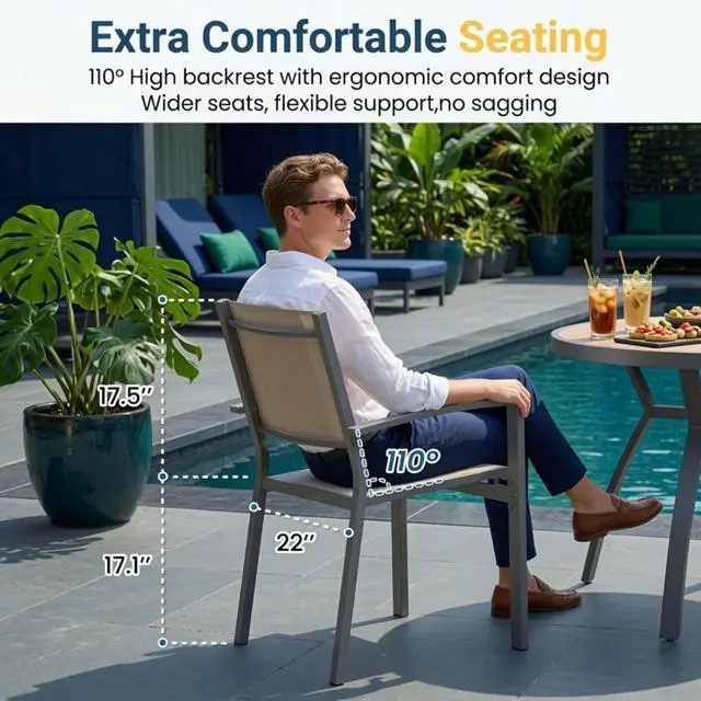 Alt view image 5 of 7 - Heavy Duty Metal Patio Dining Chairs w/Breathable Textilene Mesh Fabric for Garden, Modern Grey Outdoor Accent Armchairs w/Powder Coated Iron Frame for Porch, Deck, Backyard, Set of 6