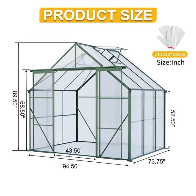 Alt view image 6 of 7 - Plant Green House with Double Door and Drainage Gutter System for Backyard, Lawn, Outdoor Plant Tent with Adjustable Roof and Thick Polycarbonate Board for Growing Flowers, Vegetables (Green 8*6FT)