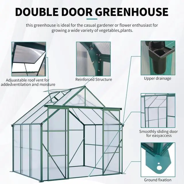 Alt view image 7 of 7 - Plant Green House with Double Door and Drainage Gutter System for Backyard, Lawn, Outdoor Plant Tent with Adjustable Roof and Thick Polycarbonate Board for Growing Flowers, Vegetables (Green 8*6FT)