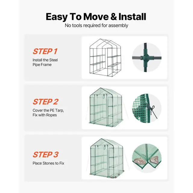 Alt view image 2 of 7 - Green Walk-in Greenhouse with PE Cover and Roll-Up Zipper Door for Lawn, Poolside, Outdoor Plant Tent with 2 Tiers and 8 Shelves for Yard, Backyard, Porch
