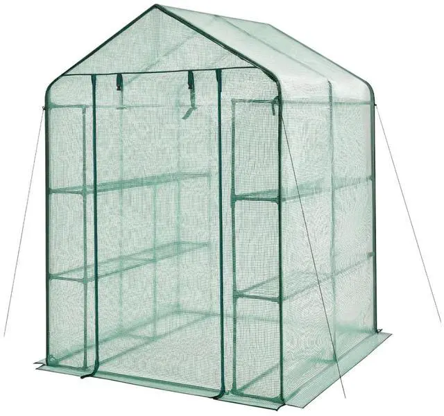 Main image of Green Walk-in Greenhouse with PE Cover and Roll-Up Zipper Door for Lawn, Poolside, Outdoor Plant Tent with 2 Tiers and 8 Shelves for Yard, Backyard, Porch