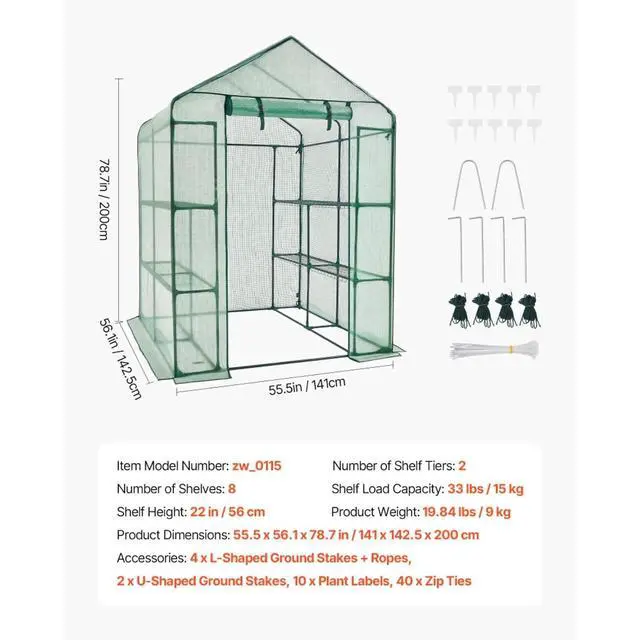 Alt view image 4 of 7 - Green Walk-in Greenhouse with PE Cover and Roll-Up Zipper Door for Lawn, Poolside, Outdoor Plant Tent with 2 Tiers and 8 Shelves for Yard, Backyard, Porch