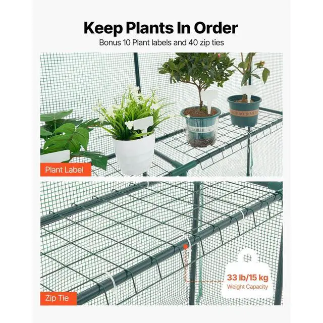 Alt view image 3 of 7 - Green Walk-in Greenhouse with PE Cover and Roll-Up Zipper Door for Lawn, Poolside, Outdoor Plant Tent with 2 Tiers and 8 Shelves for Yard, Backyard, Porch