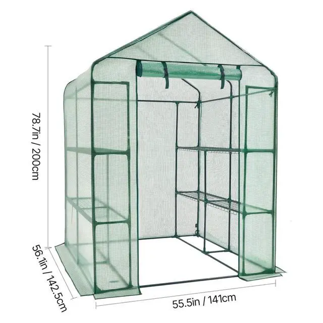Alt view image 5 of 7 - Green Walk-in Greenhouse with PE Cover and Roll-Up Zipper Door for Lawn, Poolside, Outdoor Plant Tent with 2 Tiers and 8 Shelves for Yard, Backyard, Porch