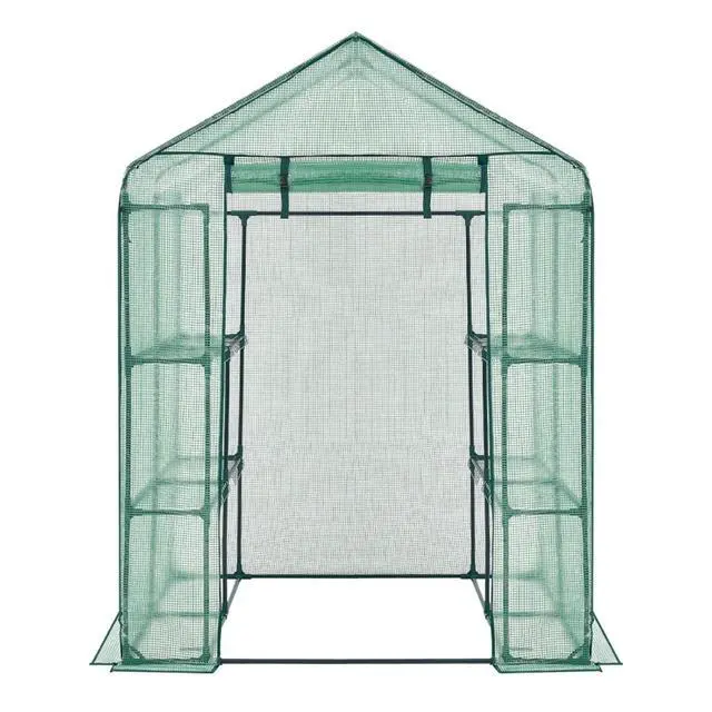 Alt view image 6 of 7 - Green Walk-in Greenhouse with PE Cover and Roll-Up Zipper Door for Lawn, Poolside, Outdoor Plant Tent with 2 Tiers and 8 Shelves for Yard, Backyard, Porch