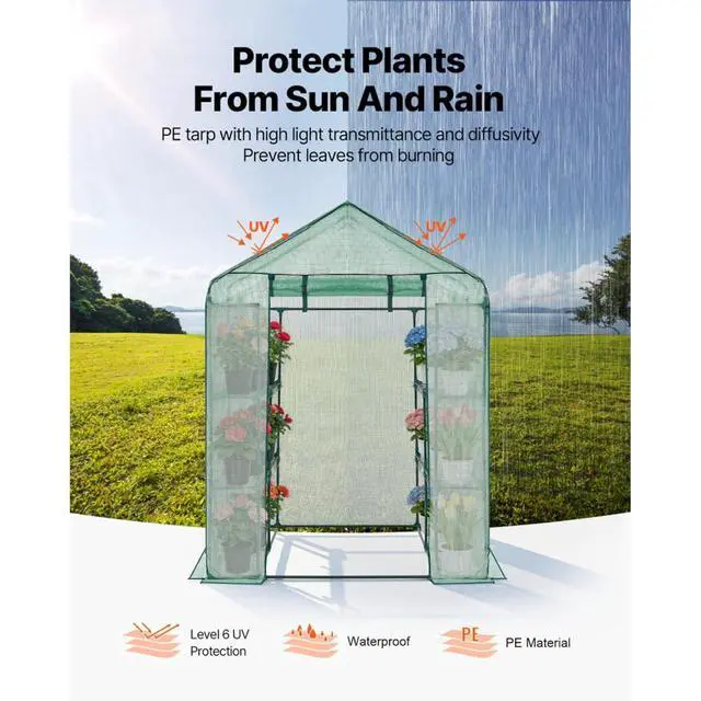 Alt view image 7 of 7 - Green Walk-in Greenhouse with PE Cover and Roll-Up Zipper Door for Lawn, Poolside, Outdoor Plant Tent with 2 Tiers and 8 Shelves for Yard, Backyard, Porch