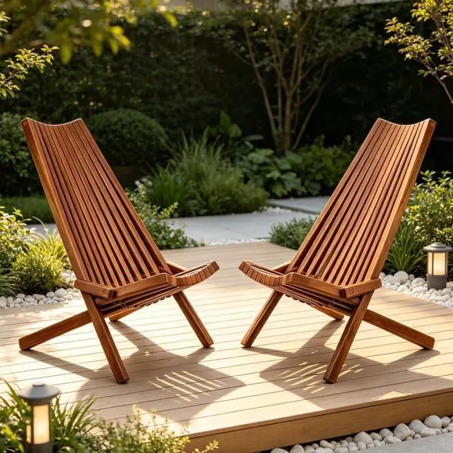 Main image of Premium Acacia Wood Folding Lounge Chairs w/Ergonomic High Back and Slatted Seat for Garden, All Weather Outdoor Foldable Accent Chairs w/Solid Wood Frame for Porch, Bistro, Camping, Set of 2 (Brown)