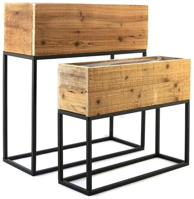 Alt view image 2 of 7 - Planter Set with Wooden Legs and Rope Texture for Backyard, Living Room, Lawn, Outdoor Flower Pot Set with Classic Design for Growing Flowers, Herbs, Plants (Black + Metal & Wood-1)