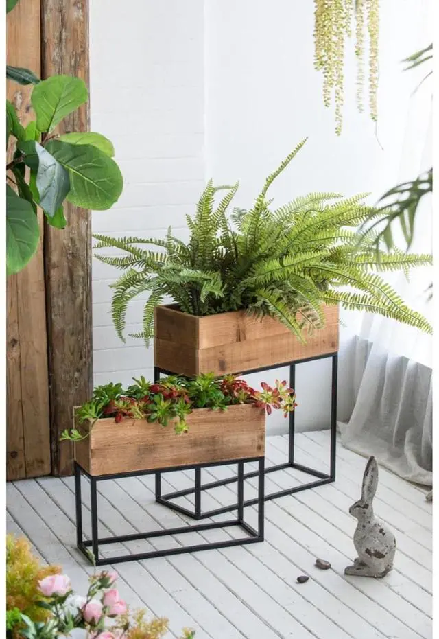 Main image of Planter Set with Wooden Legs and Rope Texture for Backyard, Living Room, Lawn, Outdoor Flower Pot Set with Classic Design for Growing Flowers, Herbs, Plants (Black + Metal & Wood-1)