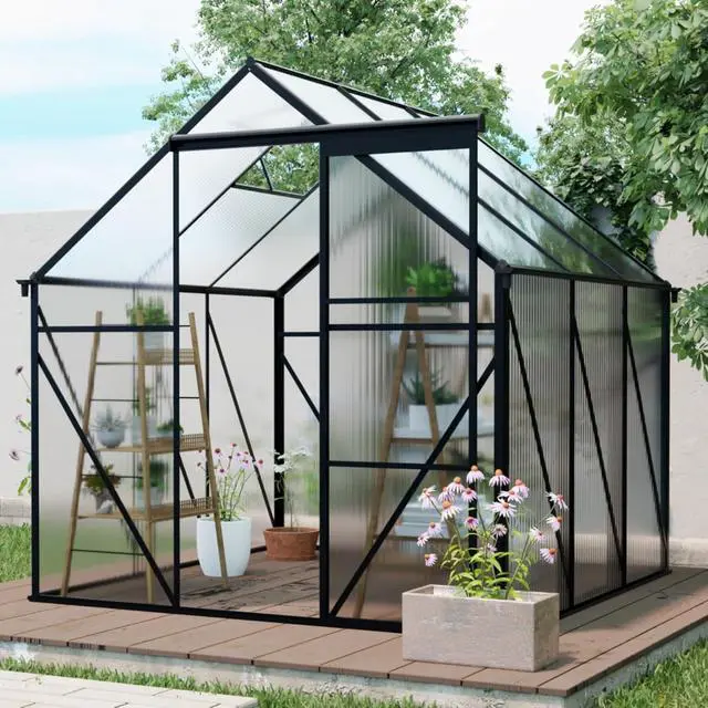 Alt view image 2 of 7 - Outdoor Patio Greenhouse with Sliding Door and Drainage Gutter System for Lawn, Backyard, Garden, Green House with Aluminum Frame and an Adjustable Roof for Growing Flowers, Plants (Black 6*6FT)