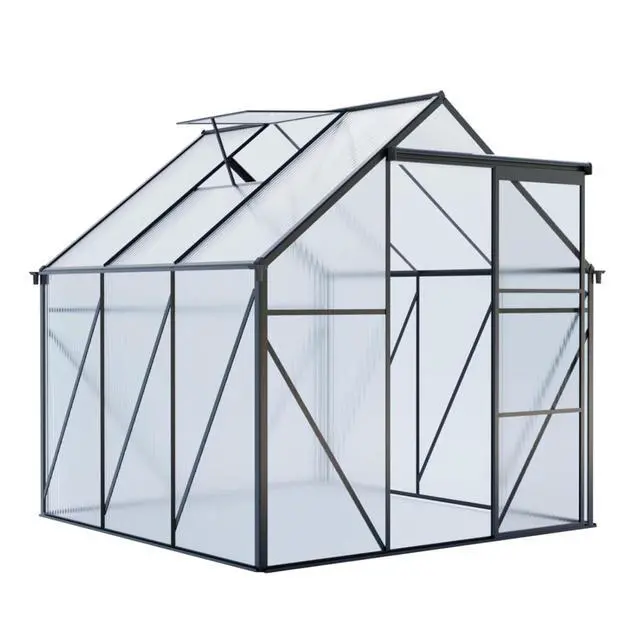 Alt view image 3 of 7 - Outdoor Patio Greenhouse with Sliding Door and Drainage Gutter System for Lawn, Backyard, Garden, Green House with Aluminum Frame and an Adjustable Roof for Growing Flowers, Plants (Black 6*6FT)