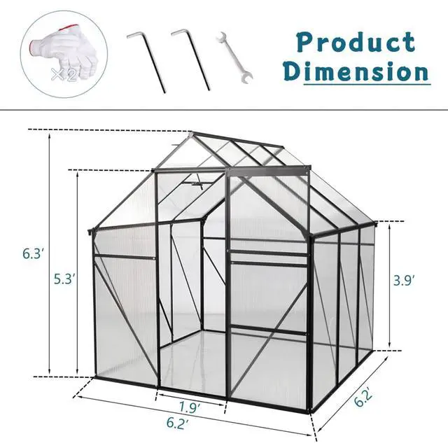 Alt view image 5 of 7 - Outdoor Patio Greenhouse with Sliding Door and Drainage Gutter System for Lawn, Backyard, Garden, Green House with Aluminum Frame and an Adjustable Roof for Growing Flowers, Plants (Black 6*6FT)