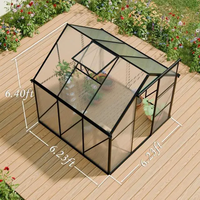 Alt view image 4 of 7 - Outdoor Patio Greenhouse with Sliding Door and Drainage Gutter System for Lawn, Backyard, Garden, Green House with Aluminum Frame and an Adjustable Roof for Growing Flowers, Plants (Black 6*6FT)