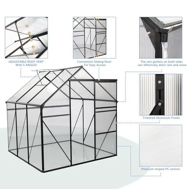 Alt view image 6 of 7 - Outdoor Patio Greenhouse with Sliding Door and Drainage Gutter System for Lawn, Backyard, Garden, Green House with Aluminum Frame and an Adjustable Roof for Growing Flowers, Plants (Black 6*6FT)