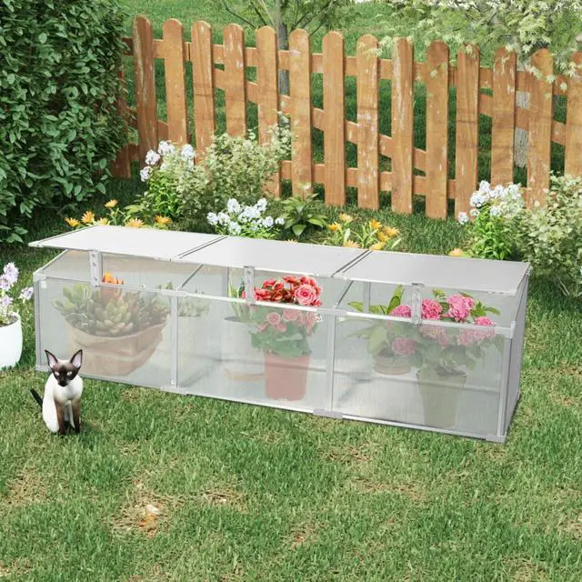Alt view image 2 of 7 - Outdoor Patio Greenhouse with Sliding Door and Drainage Gutter System for Lawn, Backyard, Garden, Green House with Aluminum Frame and an Adjustable Roof for Growing Flowers, Plants (Silver 6*2FT)