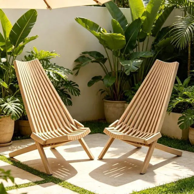 Alt view image 4 of 7 - Premium Acacia Wood Folding Lounge Chairs w/Ergonomic High Back and Slatted Seat for Garden, All Weather Outdoor Foldable Accent Chairs w/Solid Wood Frame for Porch, Bistro, Camping, Set of 2 (Beige)