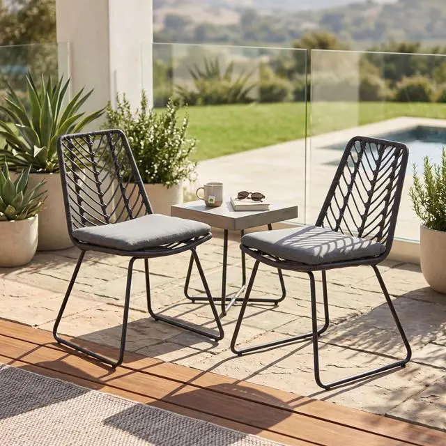 Main image of Industrial Chic Grey Patio Dining Chairs w/Woven PE Rattan Backrest & Seat for Garden, Modern Outdoor Seating Chairs w/Iron Frame & Water Repellent Cushion for Porch, Deck, Set of 2