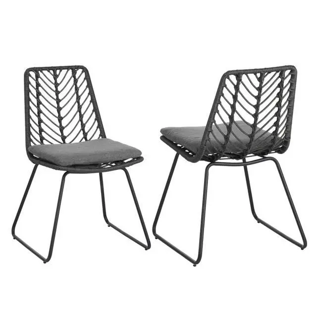 Alt view image 4 of 7 - Industrial Chic Grey Patio Dining Chairs w/Woven PE Rattan Backrest & Seat for Garden, Modern Outdoor Seating Chairs w/Iron Frame & Water Repellent Cushion for Porch, Deck, Set of 2