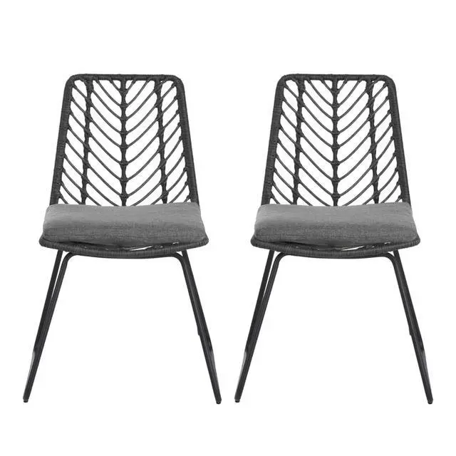 Alt view image 3 of 7 - Industrial Chic Grey Patio Dining Chairs w/Woven PE Rattan Backrest & Seat for Garden, Modern Outdoor Seating Chairs w/Iron Frame & Water Repellent Cushion for Porch, Deck, Set of 2