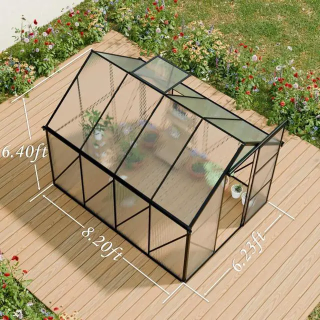 Alt view image 4 of 7 - Outdoor Patio Greenhouse with Sliding Door and Drainage Gutter System for Lawn, Backyard, Garden, Green House with Aluminum Frame and an Adjustable Roof for Growing Flowers, Plants (Black 6*8FT)