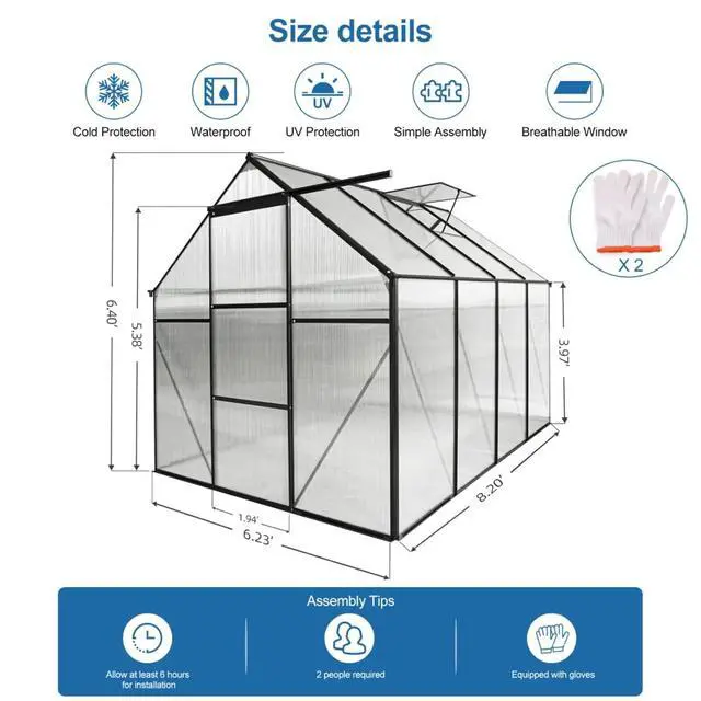 Alt view image 5 of 7 - Outdoor Patio Greenhouse with Sliding Door and Drainage Gutter System for Lawn, Backyard, Garden, Green House with Aluminum Frame and an Adjustable Roof for Growing Flowers, Plants (Black 6*8FT)