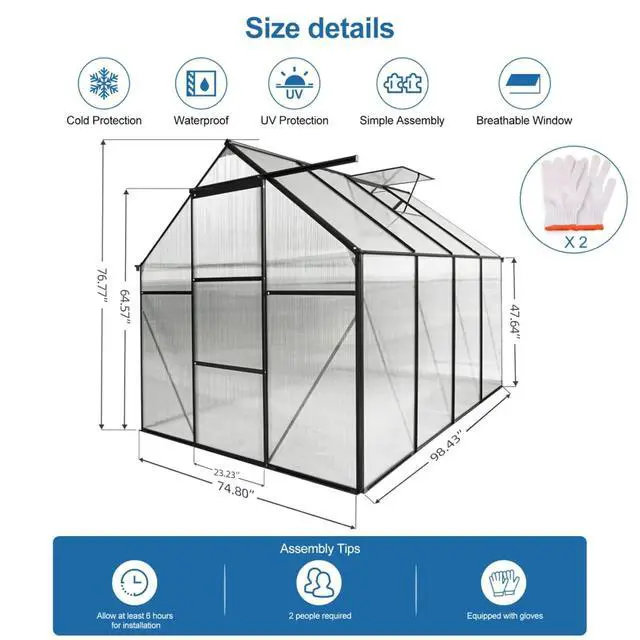 Alt view image 6 of 7 - Outdoor Patio Greenhouse with Sliding Door and Drainage Gutter System for Lawn, Backyard, Garden, Green House with Aluminum Frame and an Adjustable Roof for Growing Flowers, Plants (Black 6*8FT)