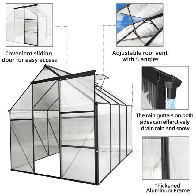 Alt view image 7 of 7 - Outdoor Patio Greenhouse with Sliding Door and Drainage Gutter System for Lawn, Backyard, Garden, Green House with Aluminum Frame and an Adjustable Roof for Growing Flowers, Plants (Black 6*8FT)