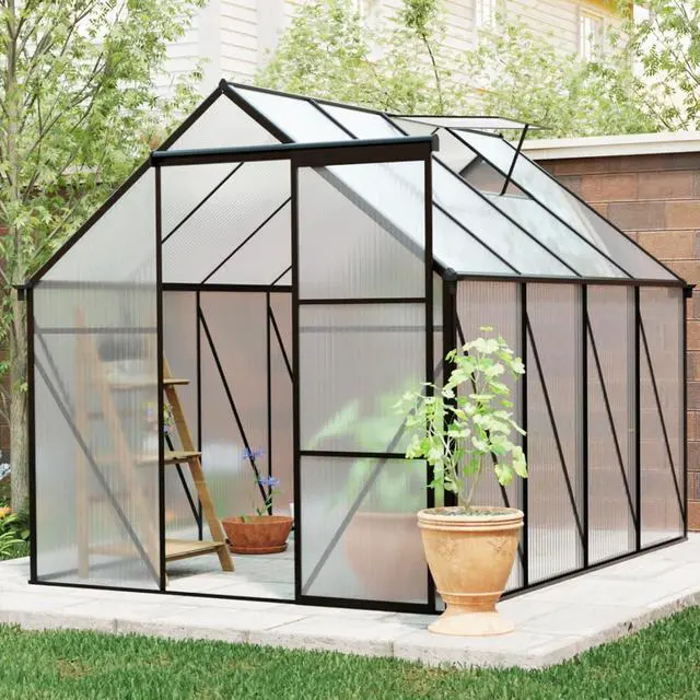 Alt view image 2 of 7 - Outdoor Patio Greenhouse with Sliding Door and Drainage Gutter System for Lawn, Backyard, Garden, Green House with Aluminum Frame and an Adjustable Roof for Growing Flowers, Plants (Black 6*8FT)