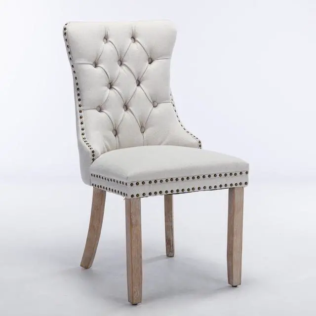 Alt view image 4 of 7 - Dining Chairs Set of 2,Comfortable Upholstered Kitchen Chairs Button Tufted Dinner Chair w/High Backrest &Solid Wood Legs for Dining Room,Armless Leisure Chair w/Padded Seat for Living Room (Beige)