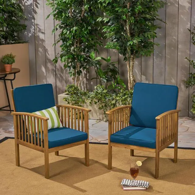 Main image of Elegant Acacia Wood Outdoor Dining Chairs w/High Backrest & Armrests for Garden, Modern Patio Accent Armchairs w/Solid Wood Frame & Removable Cushions for Porch, Balcony, Set of 2 (Dark Teal)