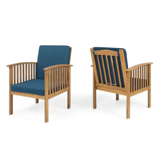 Alt view image 3 of 7 - Elegant Acacia Wood Outdoor Dining Chairs w/High Backrest & Armrests for Garden, Modern Patio Accent Armchairs w/Solid Wood Frame & Removable Cushions for Porch, Balcony, Set of 2 (Dark Teal)
