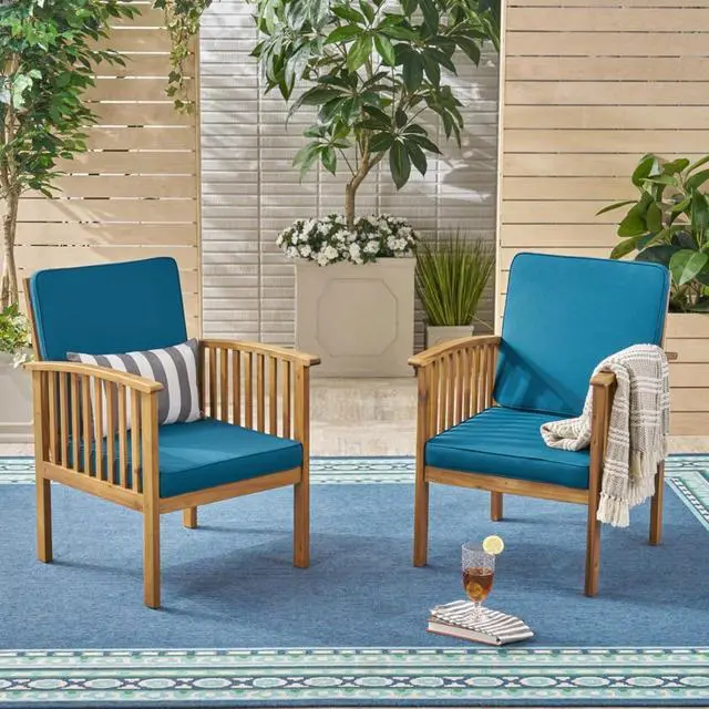 Alt view image 4 of 7 - Elegant Acacia Wood Outdoor Dining Chairs w/High Backrest & Armrests for Garden, Modern Patio Accent Armchairs w/Solid Wood Frame & Removable Cushions for Porch, Balcony, Set of 2 (Dark Teal)
