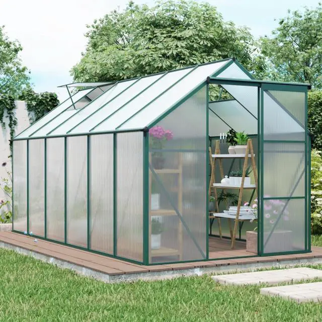 Main image of Outdoor Patio Greenhouse with Sliding Door and Drainage Gutter System for Lawn, Backyard, Garden, Green House with Aluminum Frame and an Adjustable Roof for Growing Flowers, Plants (Green 6*12FT)