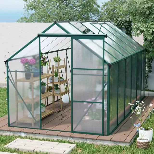 Alt view image 2 of 7 - Outdoor Patio Greenhouse with Sliding Door and Drainage Gutter System for Lawn, Backyard, Garden, Green House with Aluminum Frame and an Adjustable Roof for Growing Flowers, Plants (Green 6*12FT)