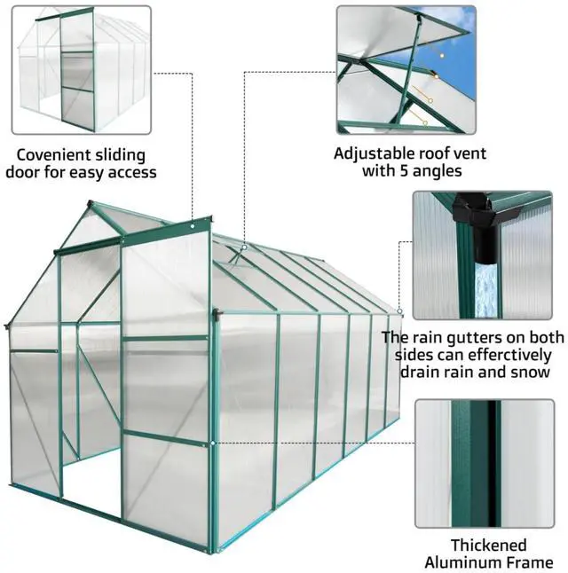 Alt view image 5 of 7 - Outdoor Patio Greenhouse with Sliding Door and Drainage Gutter System for Lawn, Backyard, Garden, Green House with Aluminum Frame and an Adjustable Roof for Growing Flowers, Plants (Green 6*12FT)