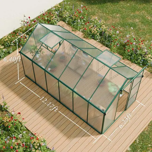 Alt view image 4 of 7 - Outdoor Patio Greenhouse with Sliding Door and Drainage Gutter System for Lawn, Backyard, Garden, Green House with Aluminum Frame and an Adjustable Roof for Growing Flowers, Plants (Green 6*12FT)
