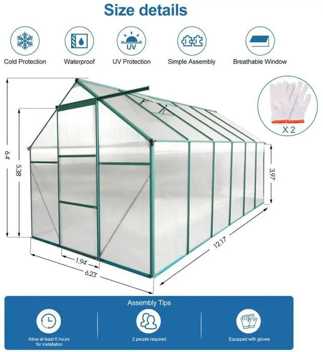Alt view image 6 of 7 - Outdoor Patio Greenhouse with Sliding Door and Drainage Gutter System for Lawn, Backyard, Garden, Green House with Aluminum Frame and an Adjustable Roof for Growing Flowers, Plants (Green 6*12FT)