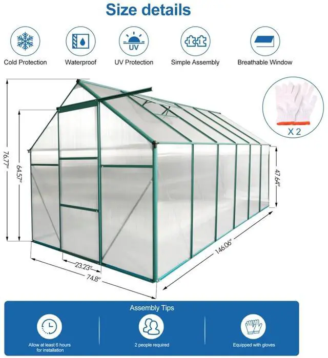 Alt view image 7 of 7 - Outdoor Patio Greenhouse with Sliding Door and Drainage Gutter System for Lawn, Backyard, Garden, Green House with Aluminum Frame and an Adjustable Roof for Growing Flowers, Plants (Green 6*12FT)