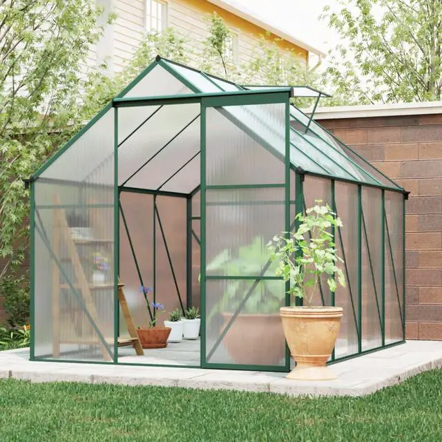 Alt view image 2 of 7 - Outdoor Patio Greenhouse with Sliding Door and Drainage Gutter System for Lawn, Backyard, Garden, Green House with Aluminum Frame and an Adjustable Roof for Growing Flowers, Plants (Green 6*8FT)