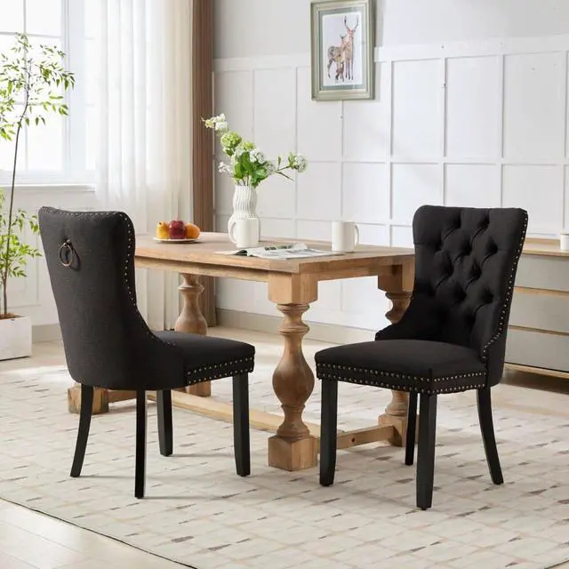 Main image of Dining Chairs Set of 2,Comfortable Upholstered Kitchen Chairs Button Tufted Dinner Chair w/High Backrest &Solid Wood Legs for Dining Room,Armless Leisure Chair w/Padded Seat for Living Room (Black)