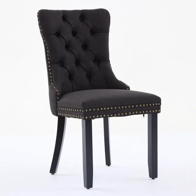 Alt view image 3 of 7 - Dining Chairs Set of 2,Comfortable Upholstered Kitchen Chairs Button Tufted Dinner Chair w/High Backrest &Solid Wood Legs for Dining Room,Armless Leisure Chair w/Padded Seat for Living Room (Black)