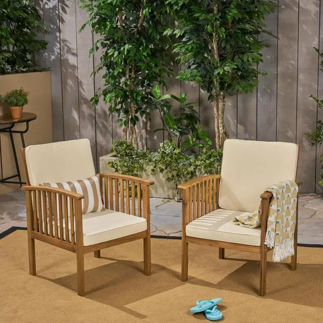 Main image of Elegant Acacia Wood Outdoor Dining Chairs w/High Backrest & Armrests for Garden, Modern Patio Accent Armchairs w/Solid Wood Frame & Removable Cushions for Porch, Balcony, Set of 2 (Beige)