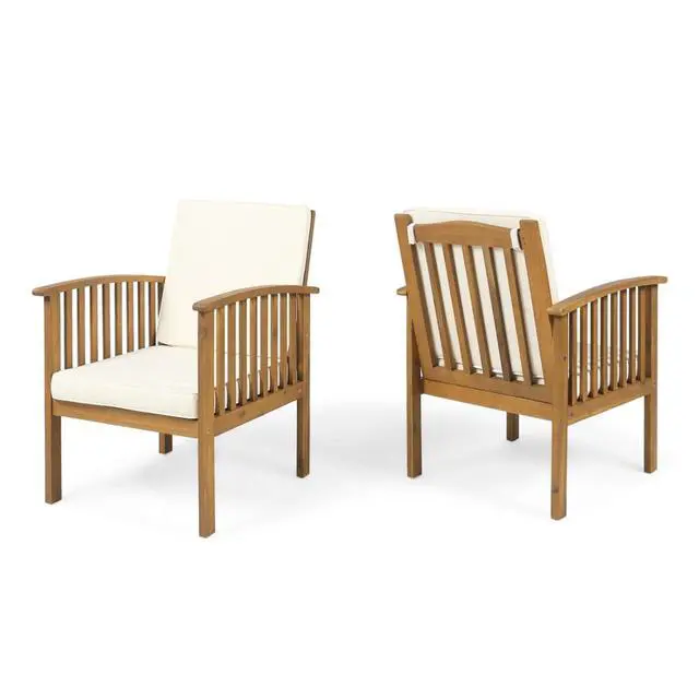 Alt view image 4 of 7 - Elegant Acacia Wood Outdoor Dining Chairs w/High Backrest & Armrests for Garden, Modern Patio Accent Armchairs w/Solid Wood Frame & Removable Cushions for Porch, Balcony, Set of 2 (Beige)