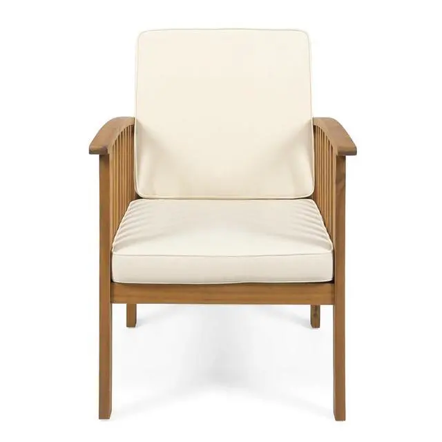 Alt view image 5 of 7 - Elegant Acacia Wood Outdoor Dining Chairs w/High Backrest & Armrests for Garden, Modern Patio Accent Armchairs w/Solid Wood Frame & Removable Cushions for Porch, Balcony, Set of 2 (Beige)