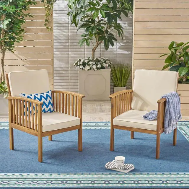 Alt view image 3 of 7 - Elegant Acacia Wood Outdoor Dining Chairs w/High Backrest & Armrests for Garden, Modern Patio Accent Armchairs w/Solid Wood Frame & Removable Cushions for Porch, Balcony, Set of 2 (Beige)