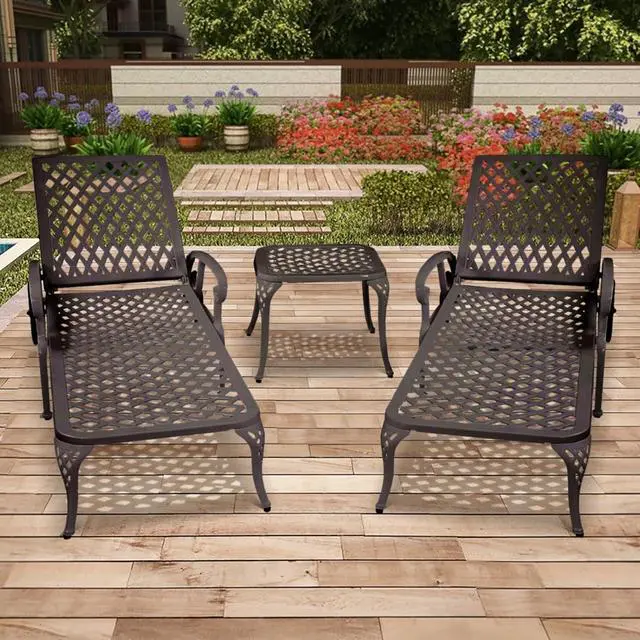 Alt view image 3 of 7 - Durable Cast Aluminum Patio Sunbed Lounge Chair w/Adjustable Backrest for Garden, All Weather Outdoor Chaise Lounge w/Sturdy Metal Frame & Wheels for Poolside, Porch, Deck (Bronze)