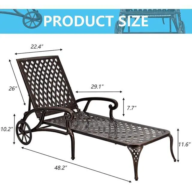 Alt view image 2 of 7 - Durable Cast Aluminum Patio Sunbed Lounge Chair w/Adjustable Backrest for Garden, All Weather Outdoor Chaise Lounge w/Sturdy Metal Frame & Wheels for Poolside, Porch, Deck (Bronze)
