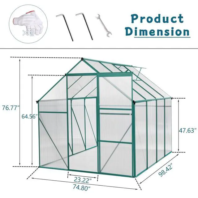 Alt view image 5 of 7 - Outdoor Patio Greenhouse with Sliding Door and Drainage Gutter System for Lawn, Backyard, Garden, Green House with Aluminum Frame and an Adjustable Roof for Growing Flowers, Plants (Green 6*8FT)