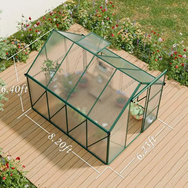 Alt view image 4 of 7 - Outdoor Patio Greenhouse with Sliding Door and Drainage Gutter System for Lawn, Backyard, Garden, Green House with Aluminum Frame and an Adjustable Roof for Growing Flowers, Plants (Green 6*8FT)